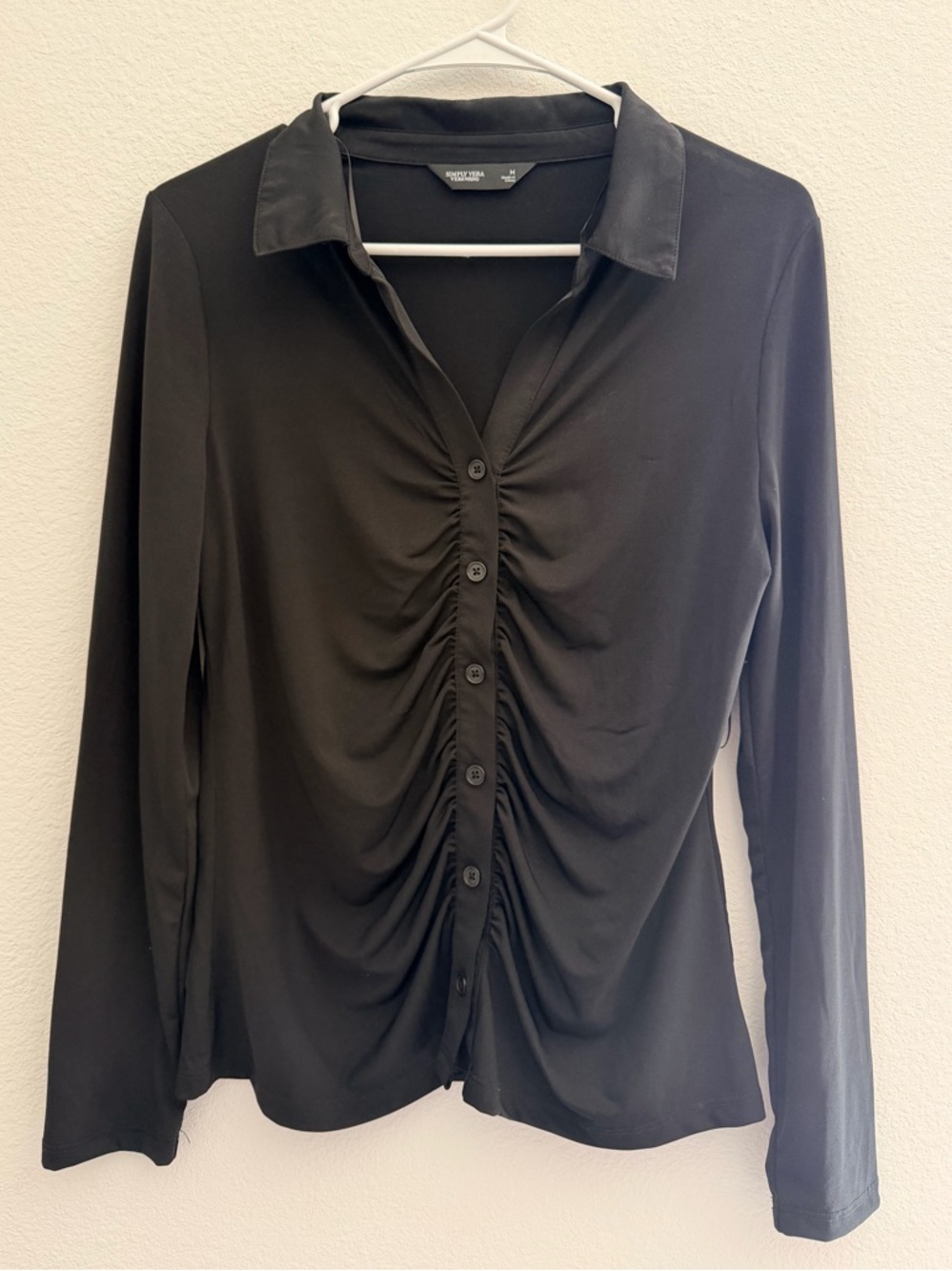 Simply Vera Vera Wang Black Ruched Button-Down Collared Top